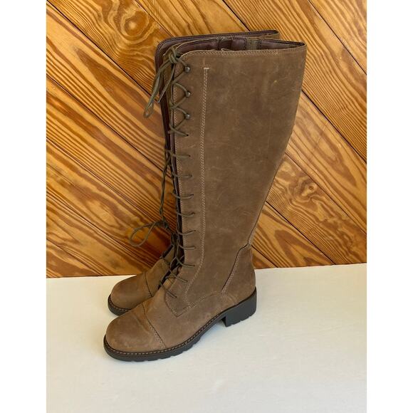 CLARKS Leather Knee High Lace Up Riding Boot - Picture 2 of 10